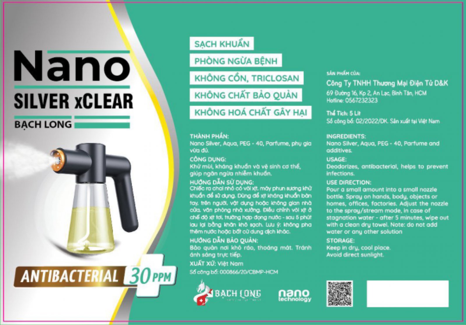DUNG DỊCH PHUN SƯƠNG DIỆT KHỬ KHUẨN NANO SILVER XCLEAR 5 LÍT
